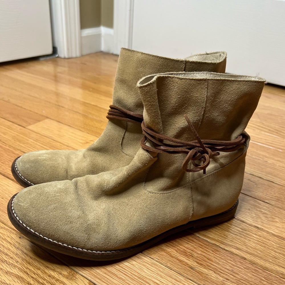 JONAK PARIS Light Tan Suede Booties with Leather Tie Detail